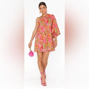 Show Me Your MuMu Pink and Green One-Shoulder Dress